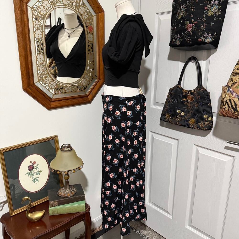 VTG 90s Krush of California Black & Pink Floral Pattern Ribbed Button Maxi Skirt - Picture 4 of 8
